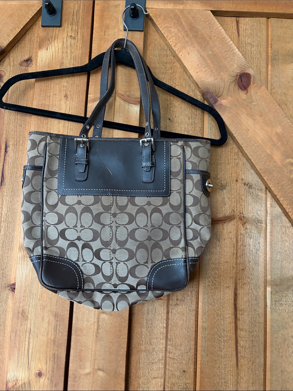 COACH Brown Signature Canvas Tote with Dark Brown Leather Trim - Picture 3 of 11